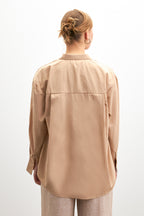 Kadın Koyu Bej Oversize Basic Cep Detaylı Poplin Uzun Kol Gömlek