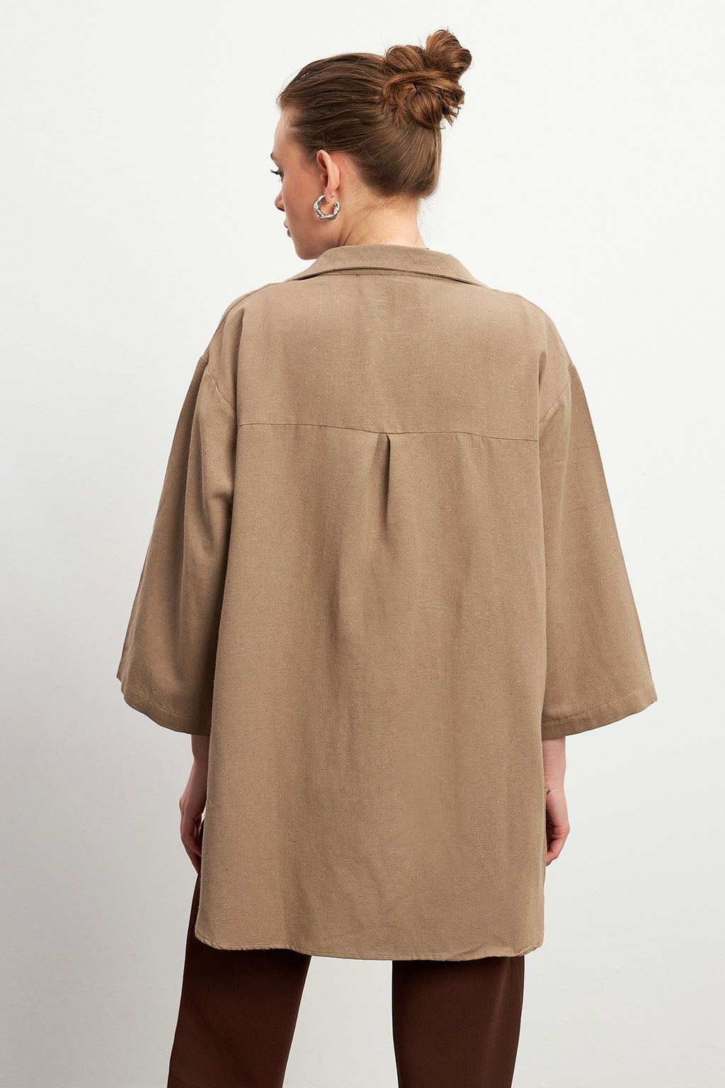 Kadın Bisküvi Bağlama Detaylı Flam Keten Kimono