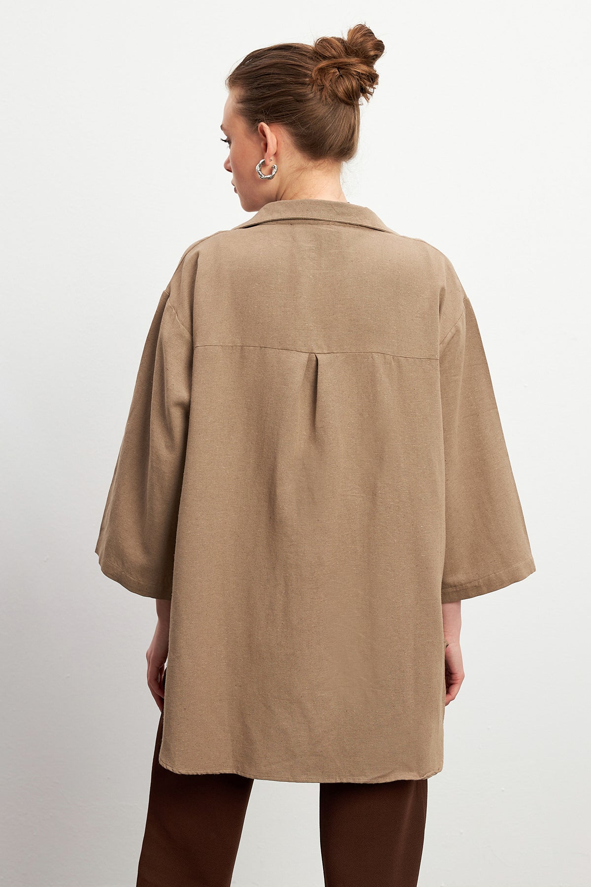 Kadın Bisküvi Bağlama Detaylı Flam Keten Kimono