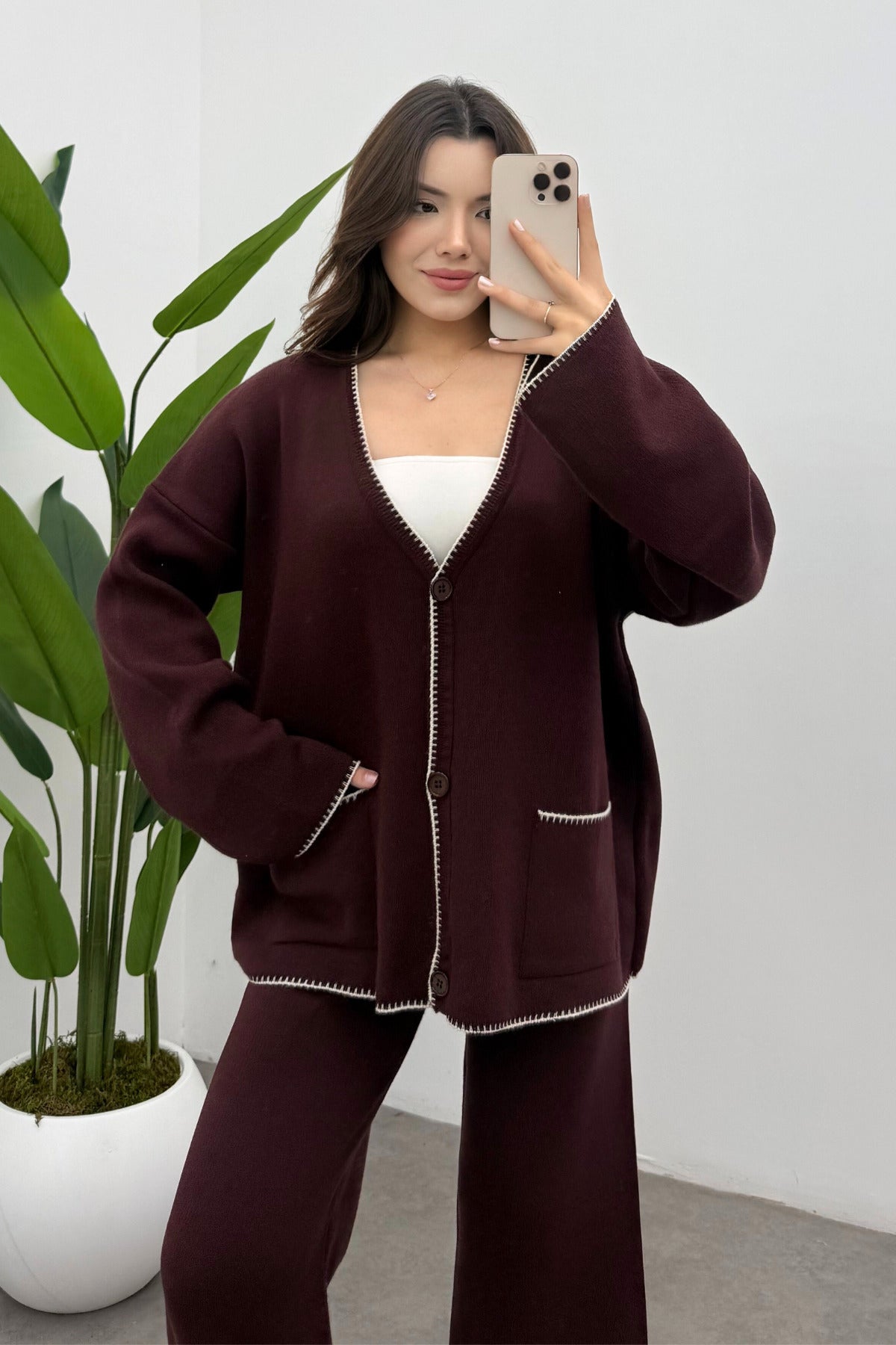 Kadın Bordo Cep Detaylı Çoban Dikişli Hırka Pantolon Alt Üst Triko Takım