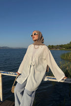 Kadın Beyaz Bağlama Detaylı Flam Keten Kimono