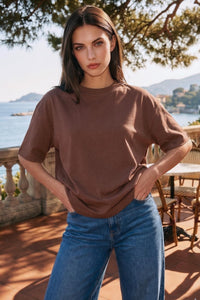 Kadın Bisiklet Yaka Pamuklu Oversize Relaxed Kısa Kol T-shirt Kahverengi