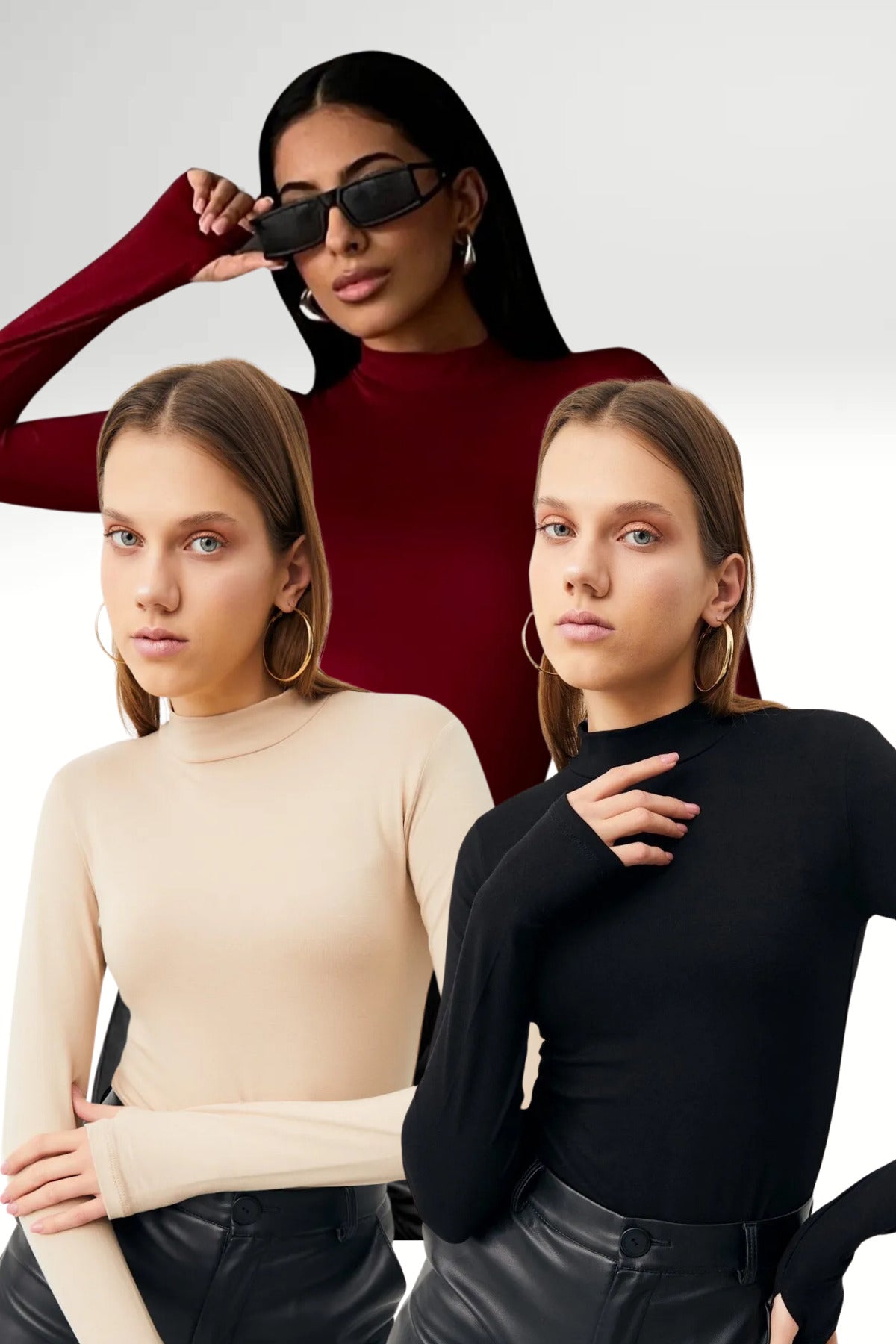 Kadın Krem Bordo Siyah 3'lü Parmak Detaylı Body