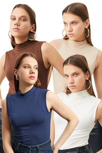 Kadın Beyaz Krem Acı Kahve Lacivert 4'lü Kolsuz Body
