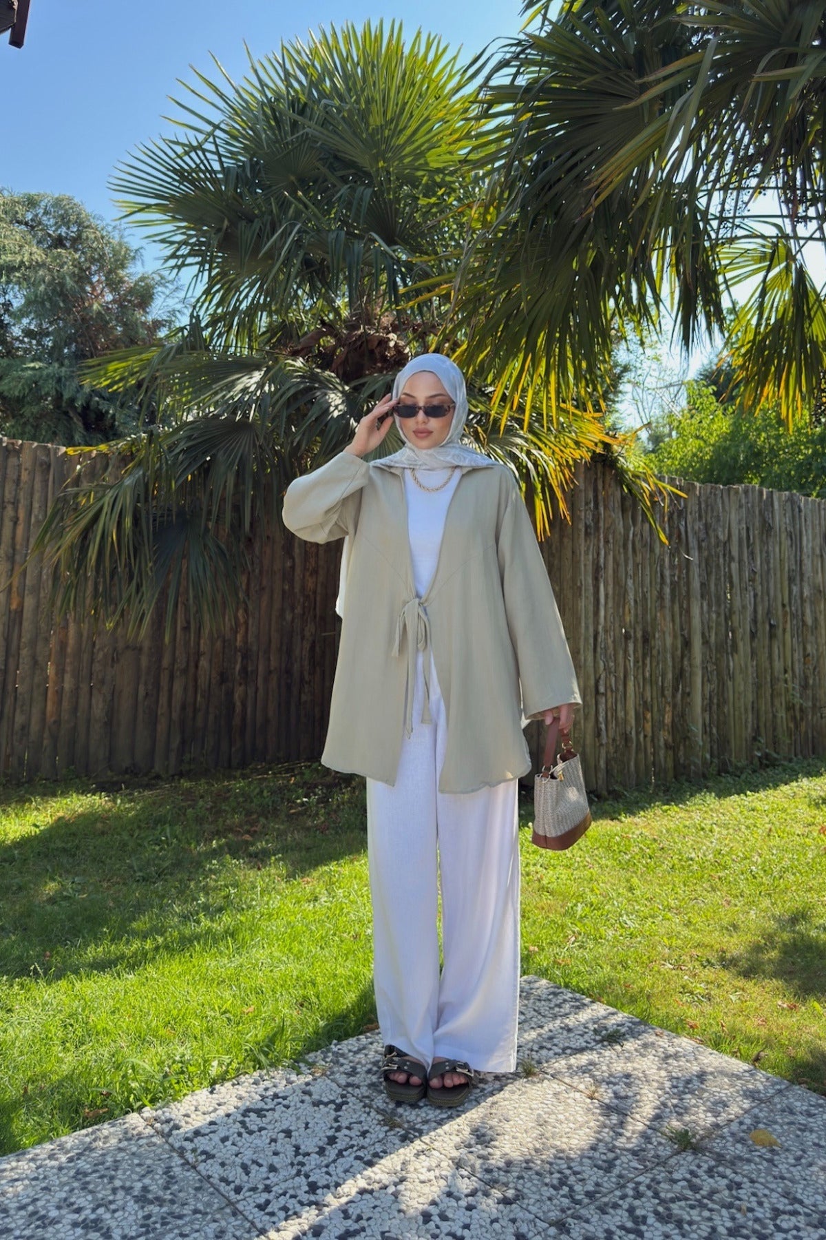 Kadın Küf Yeşili Bağlama Detaylı Flam Keten Kimono