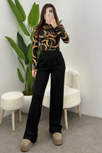 Kadın Siyah Camel Çengel Desenli Yarım Balıkçı Crop Bluz