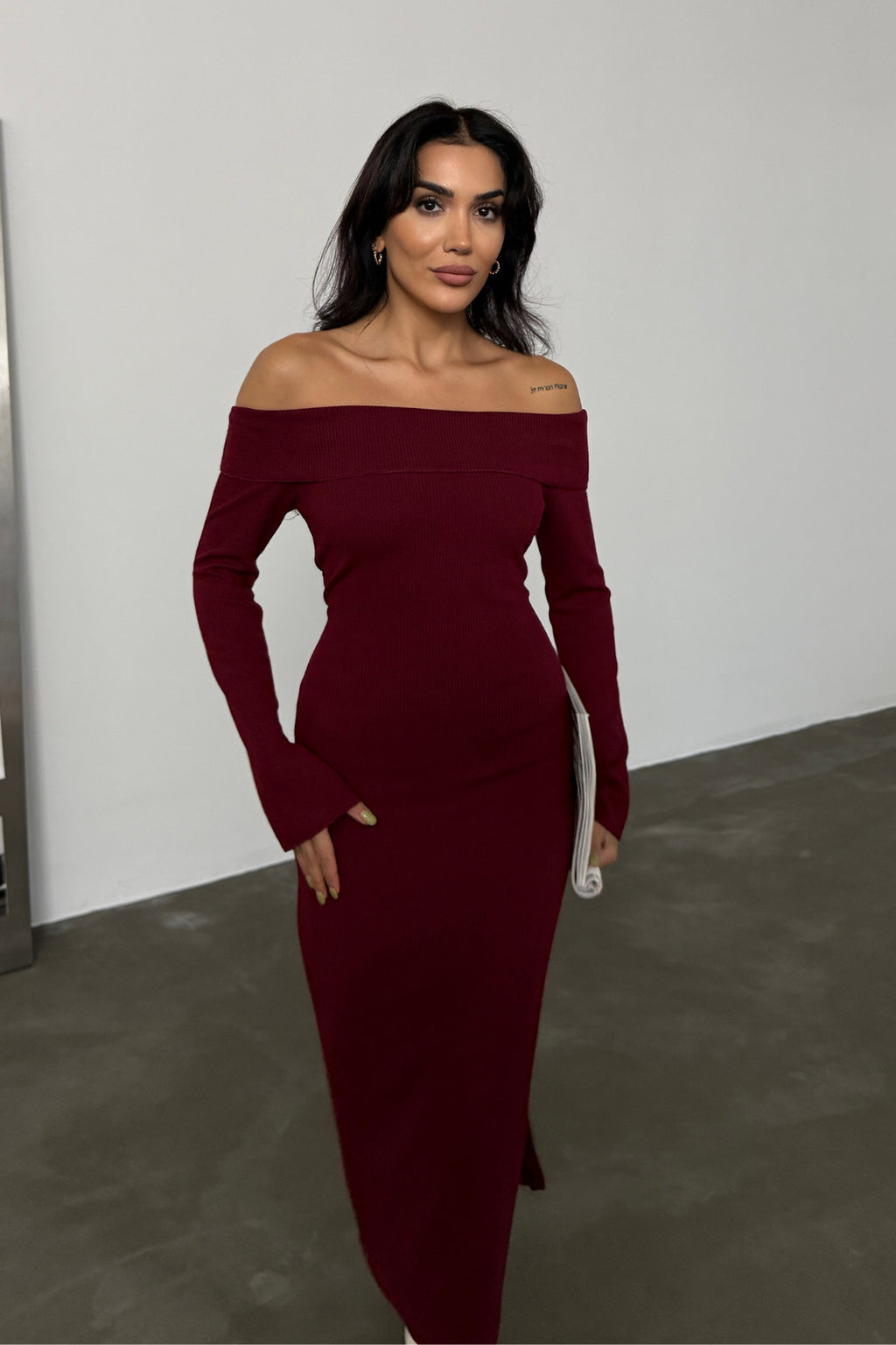 Kadın Bordo Carmen Yaka Yırtmaç Detaylı Midi Boy Basic Örme Elbise