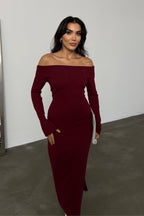Kadın Bordo Carmen Yaka Yırtmaç Detaylı Midi Boy Basic Örme Elbise