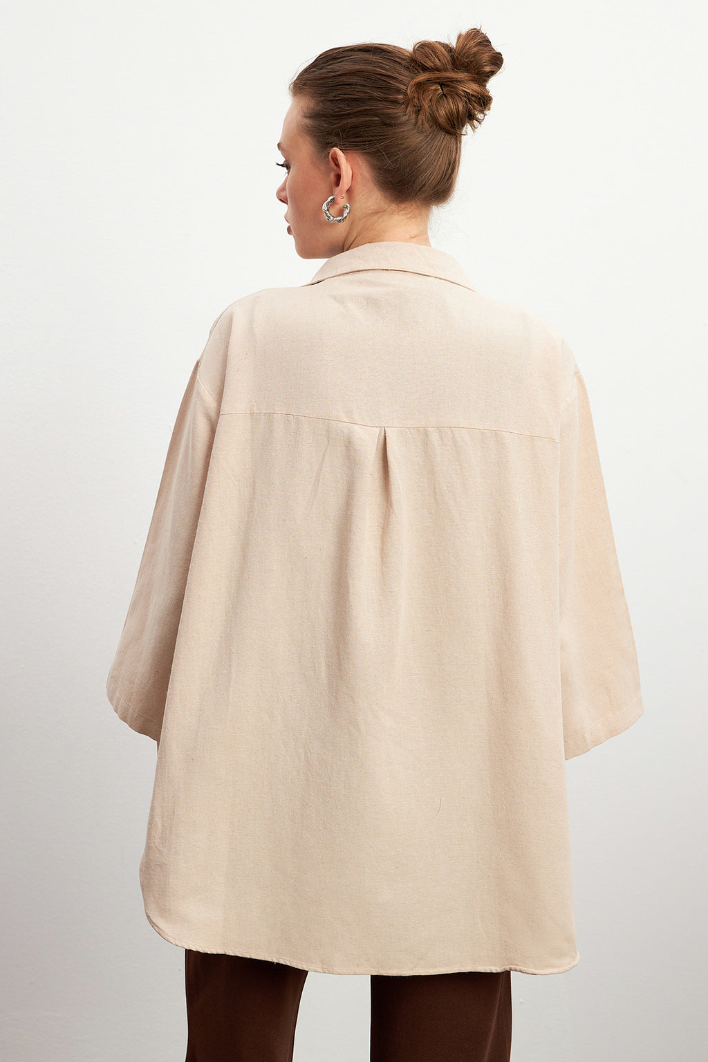 Kadın Buğday Bağlama Detaylı Flam Keten Kimono
