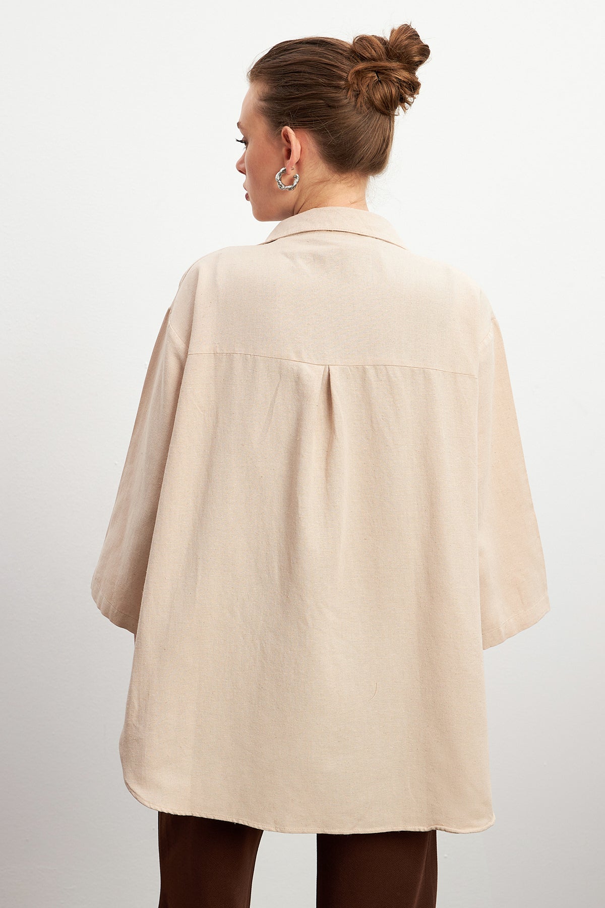Kadın Buğday Bağlama Detaylı Flam Keten Kimono