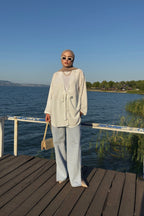 Kadın Beyaz Bağlama Detaylı Flam Keten Kimono