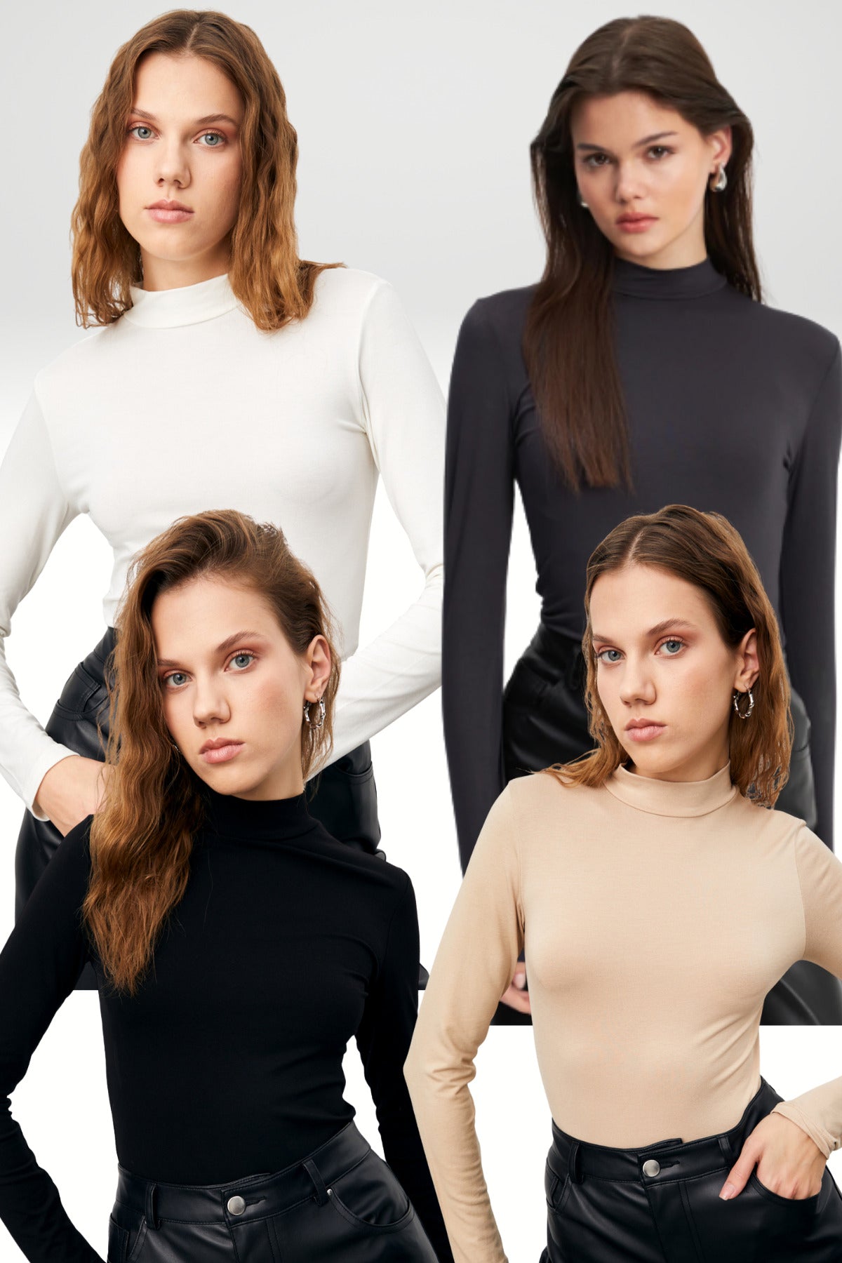 Kadın Antrasit Siyah Krem Beyaz 4'lü Yarım Balıkçı Yaka Basic Body