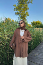 Kadın Acı Kahve Bağlama Detaylı Flam Keten Kimono