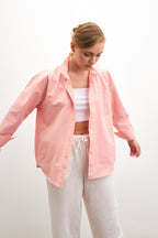 Kadın Pembe Oversize Basic Cep Detaylı Poplin Uzun Kol Gömlek