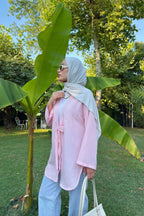 Kadın Pembe Bağlama Detaylı Flam Keten Kimono