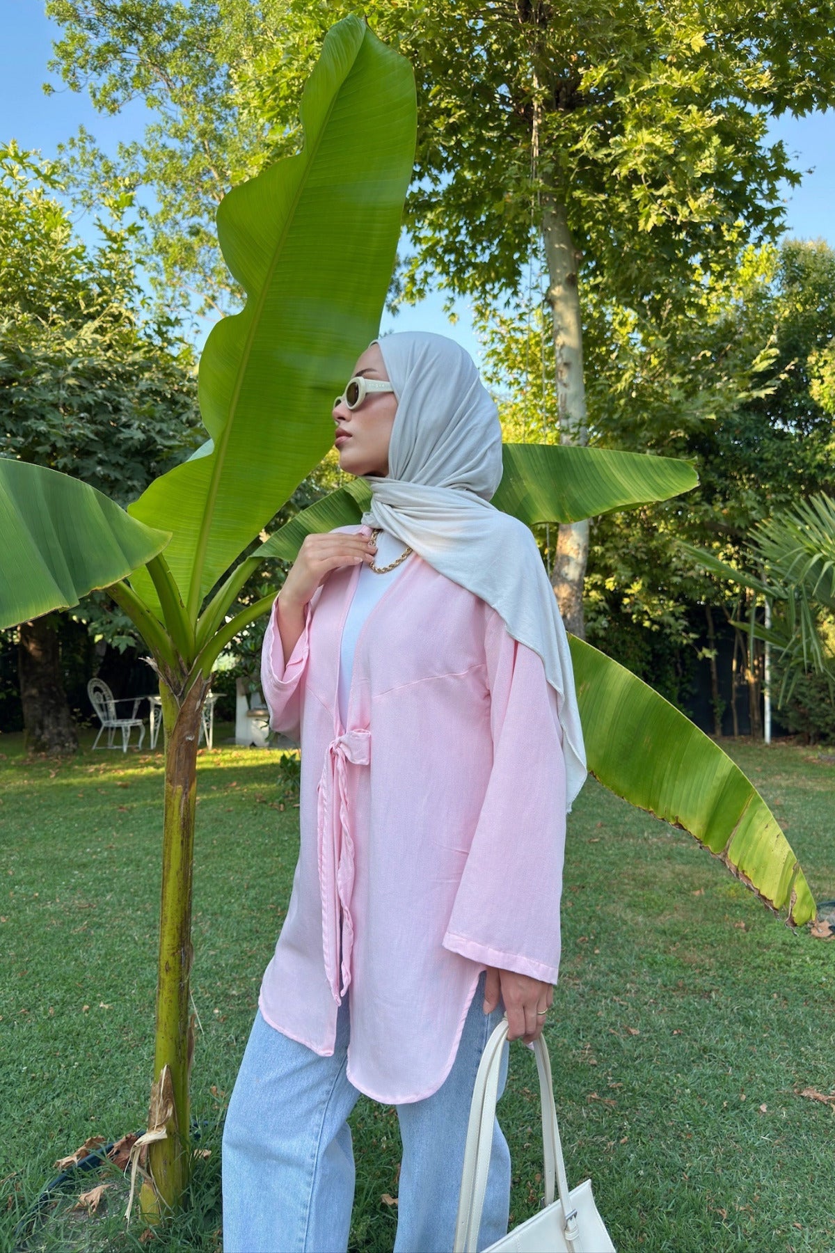 Kadın Pembe Bağlama Detaylı Flam Keten Kimono