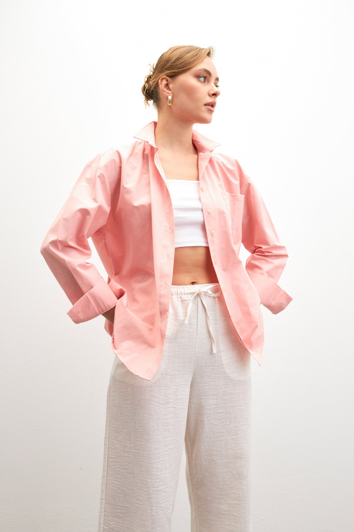 Kadın Pembe Oversize Basic Cep Detaylı Poplin Uzun Kol Gömlek