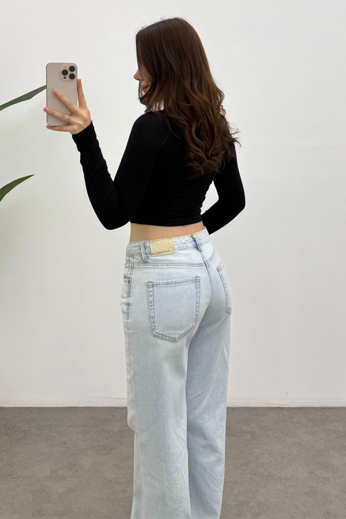 Kadın Siyah Bisiklet Yaka Uzun Kol Crop Bluz