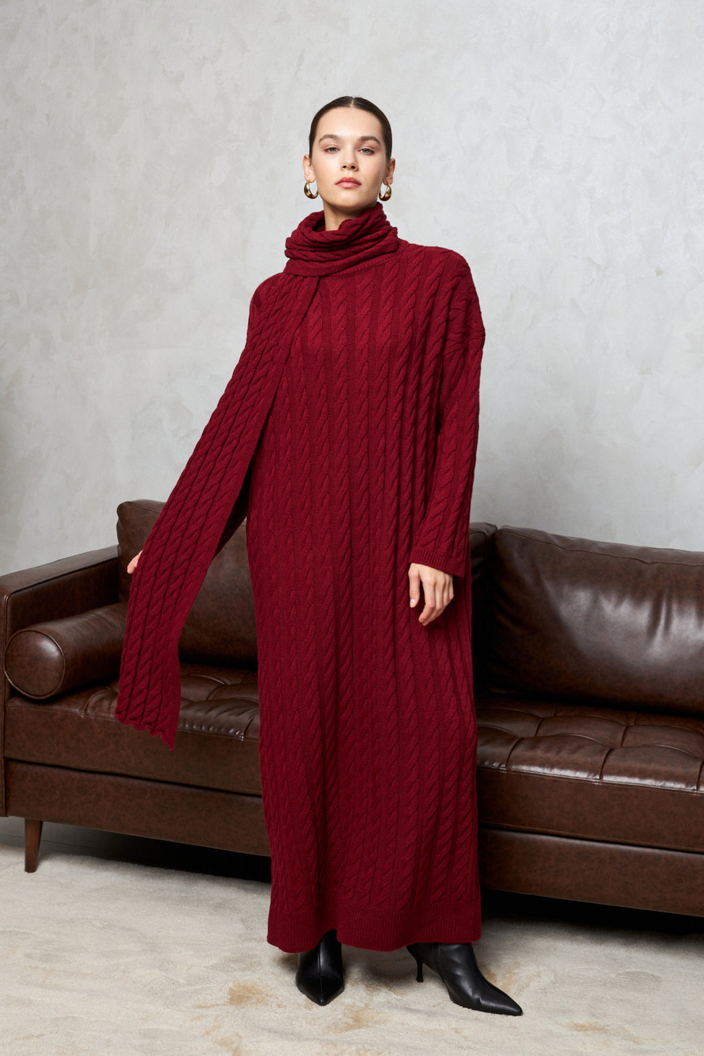 ATKI DETAYLI ÖRME TRİKO ELBİSE BORDO