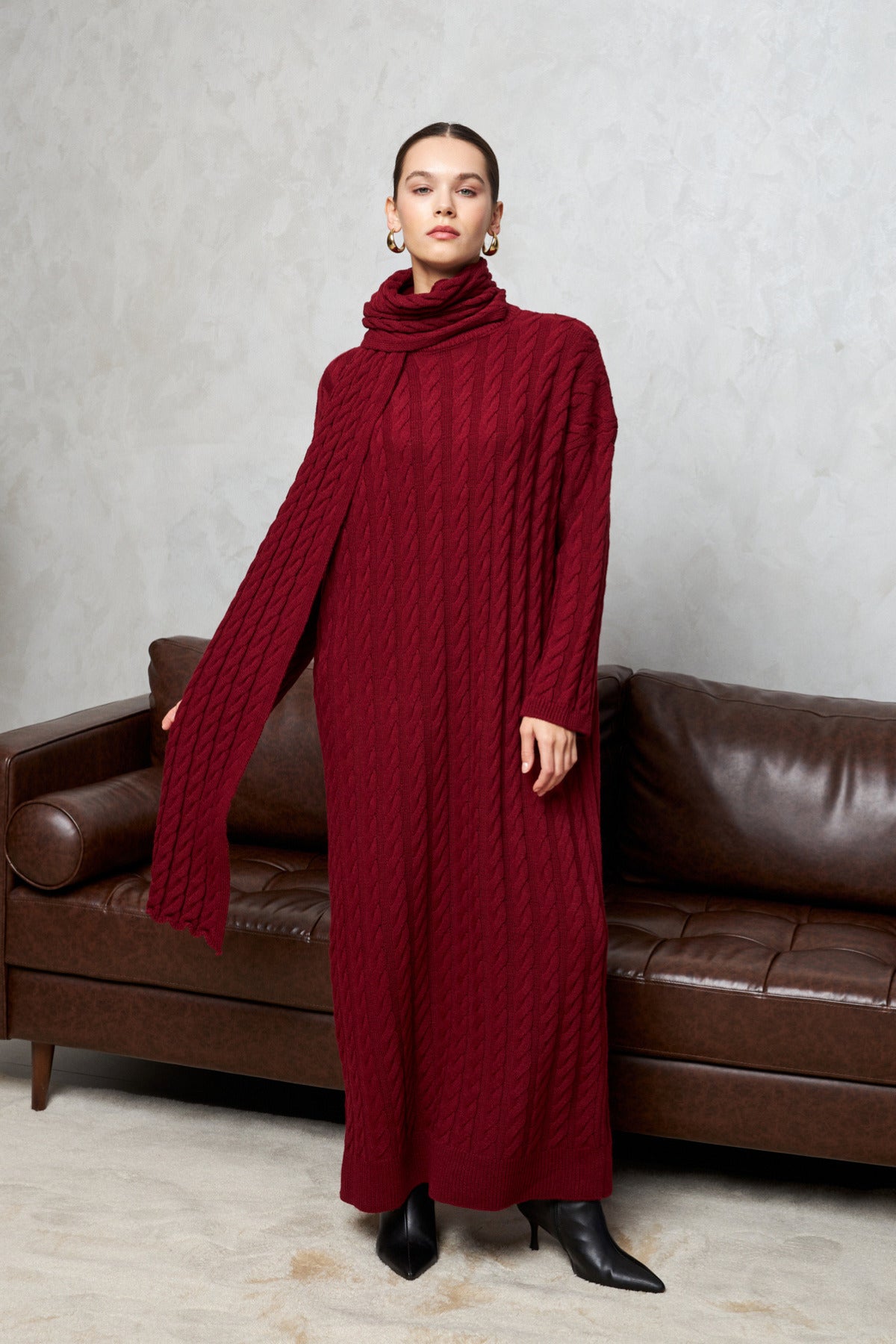 ATKI DETAYLI ÖRME TRİKO ELBİSE BORDO