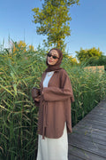 Kadın Acı Kahve Bağlama Detaylı Flam Keten Kimono