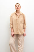 Kadın Koyu Bej Oversize Basic Cep Detaylı Poplin Uzun Kol Gömlek