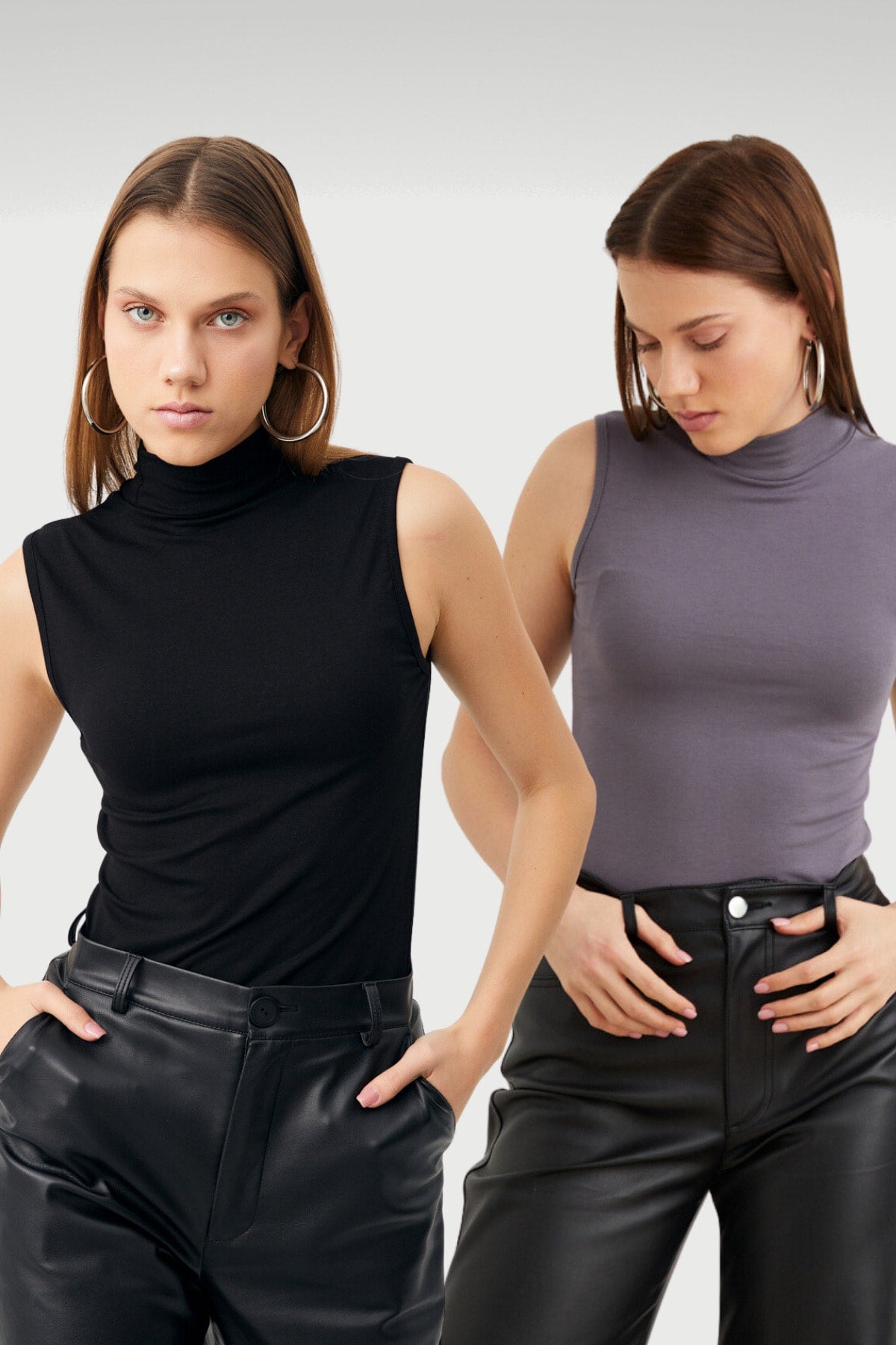 Kadın Siyah Gri 2'li Kolsuz Body