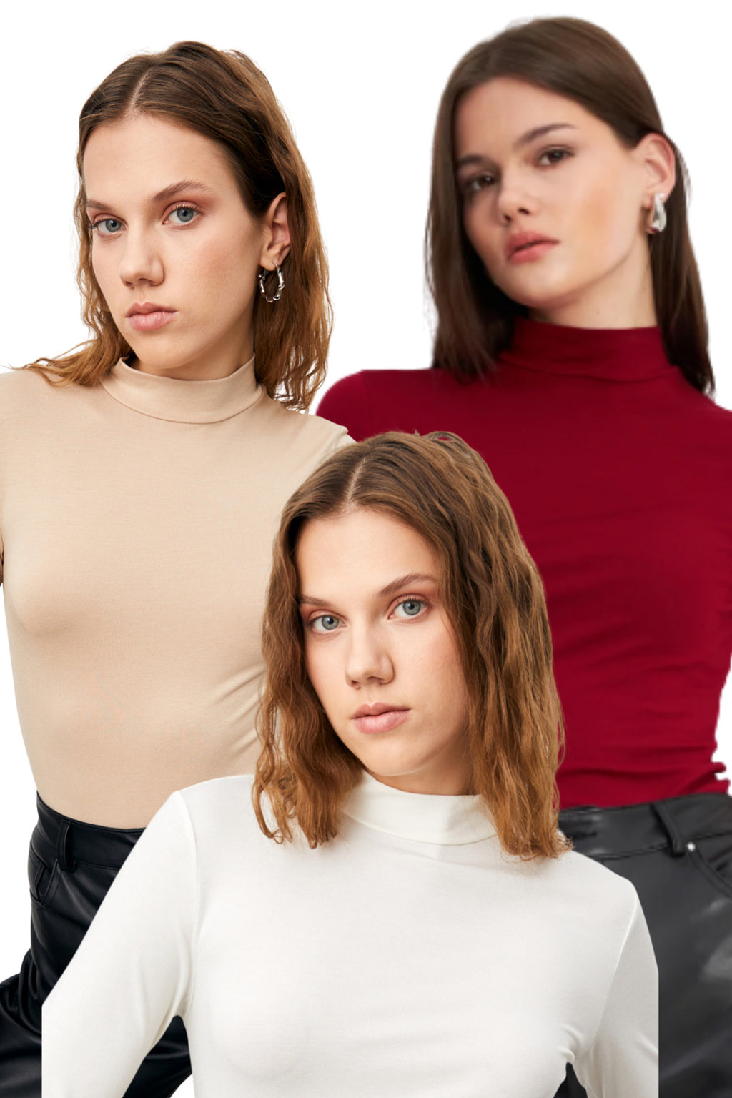 Kadın Beyaz Krem Bordo 3'lü Yarım Balıkçı Yaka Basic Body