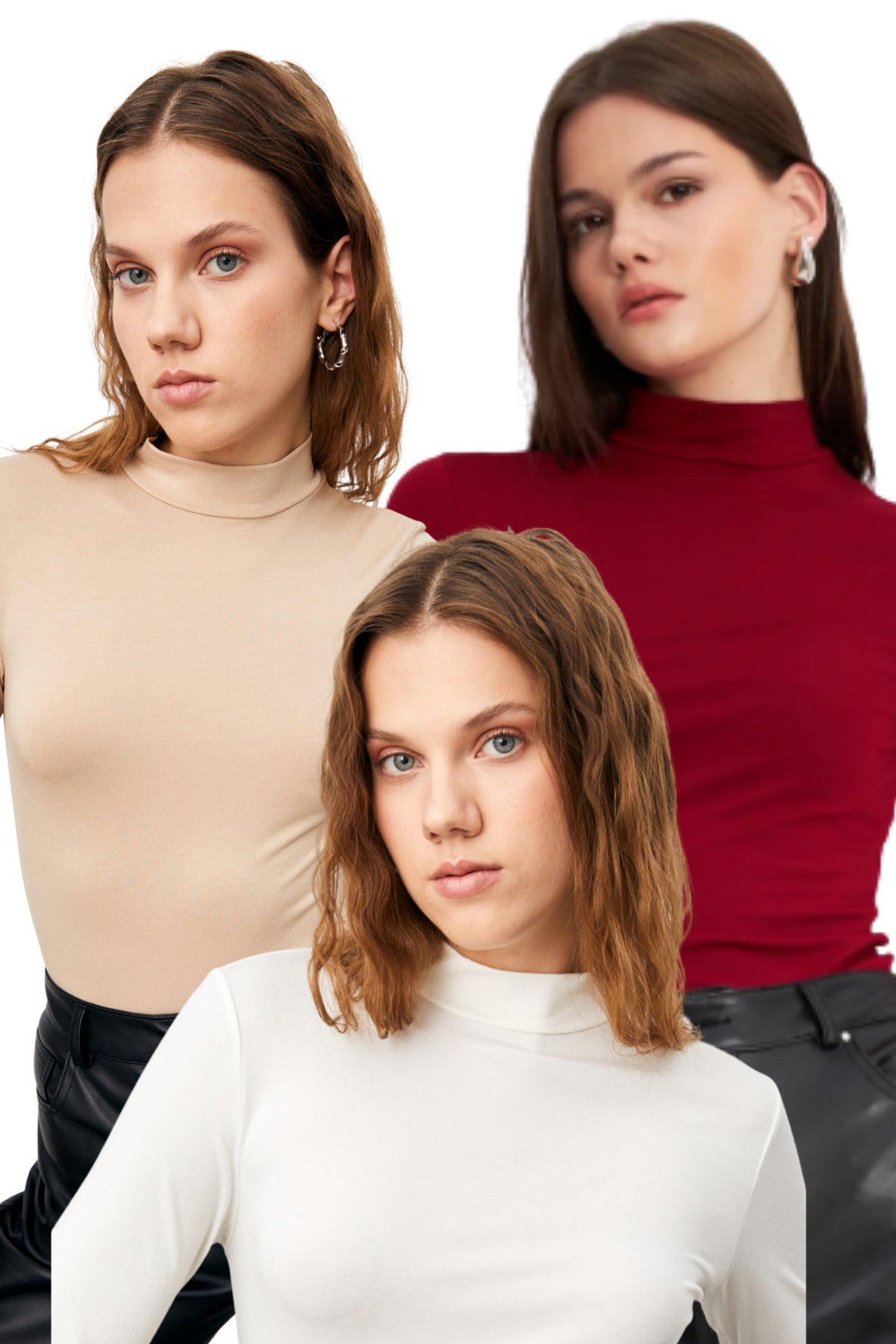 Kadın Beyaz Krem Bordo 3'lü Yarım Balıkçı Yaka Basic Body