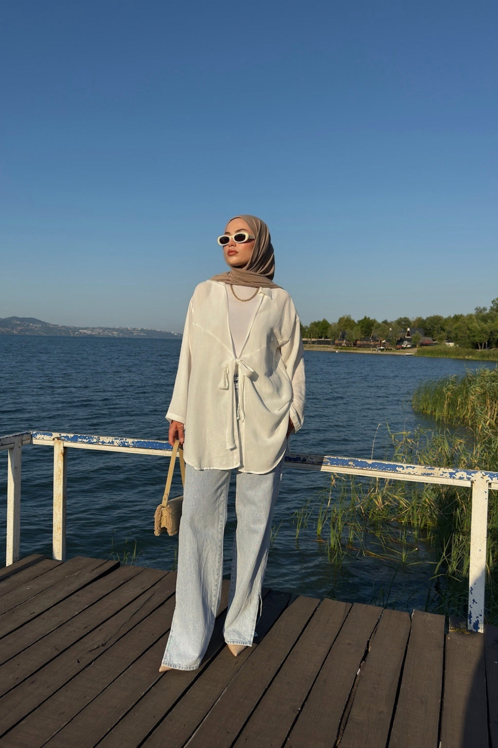 Kadın Beyaz Bağlama Detaylı Flam Keten Kimono