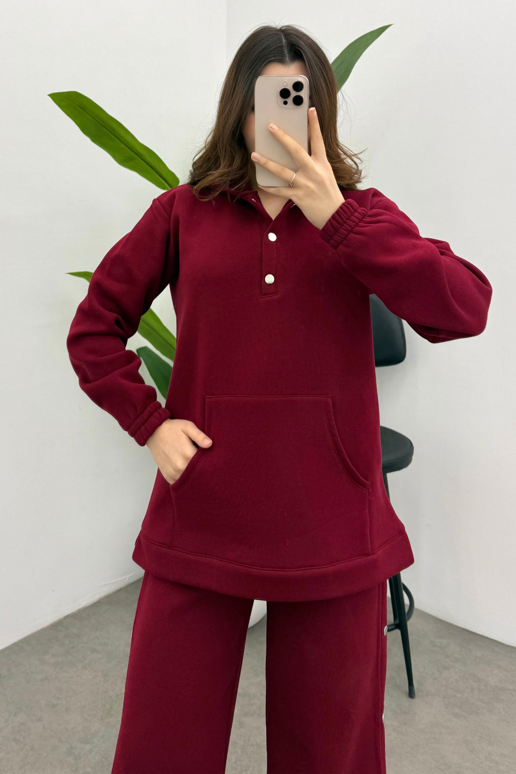 Kadın Bordo Şardonlu Çıtçıt Detaylı Yumuşak Sweatshirt Takım