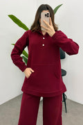 Kadın Bordo Şardonlu Çıtçıt Detaylı Yumuşak Sweatshirt Takım