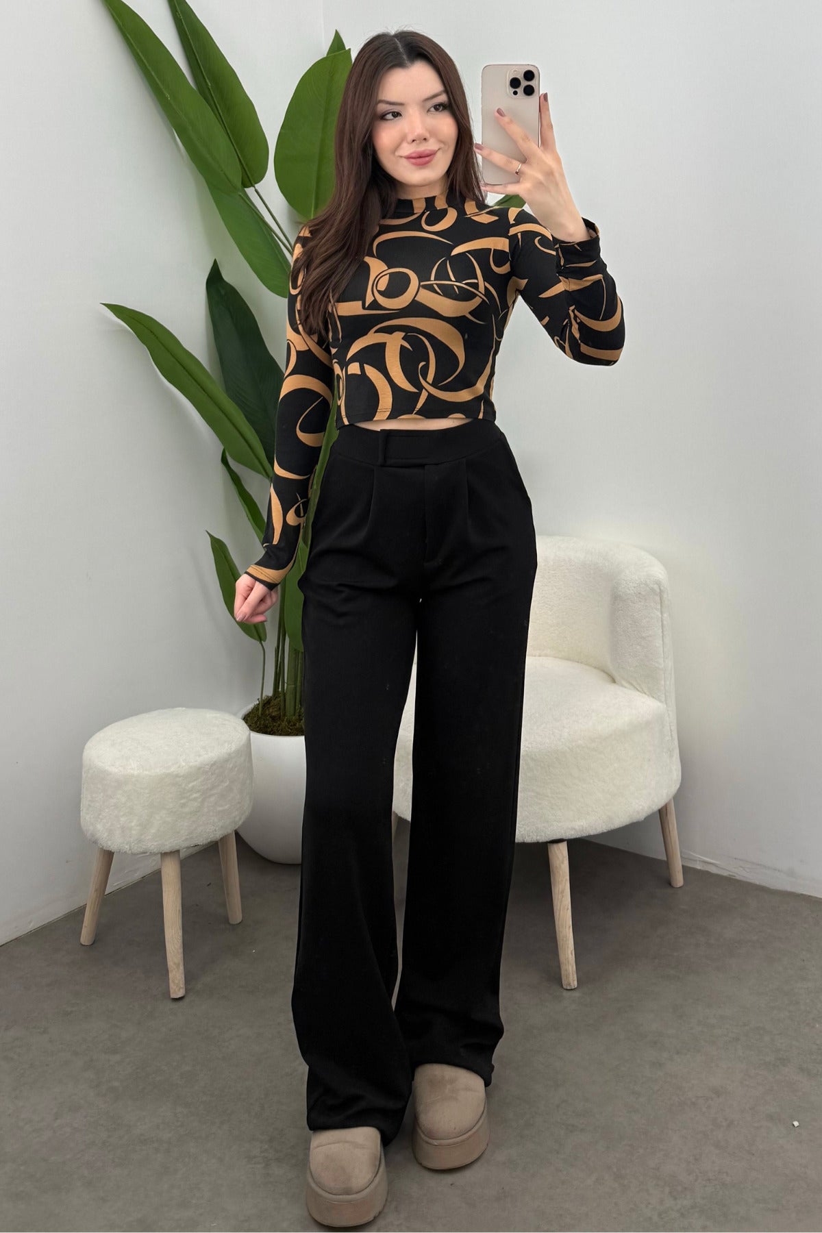 Kadın Siyah Camel Çengel Desenli Yarım Balıkçı Crop Bluz