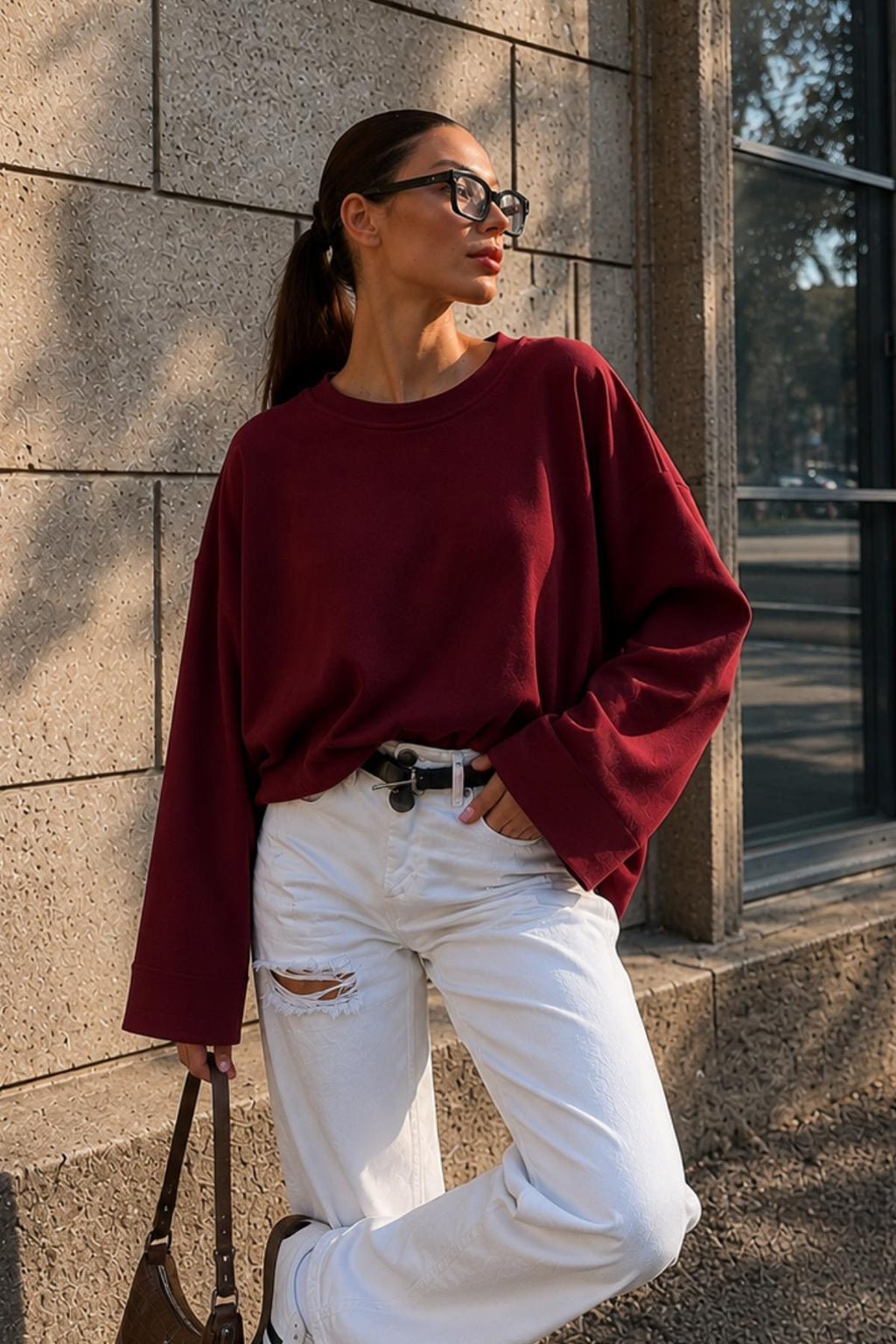 Kadın Bordo Suprem Likralı Oversize T-Shirt