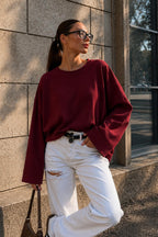 Kadın Bordo Suprem Likralı Oversize T-Shirt