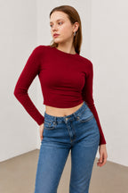 Kadın Bordo Bisiklet Yaka Uzun Kol Crop Bluz