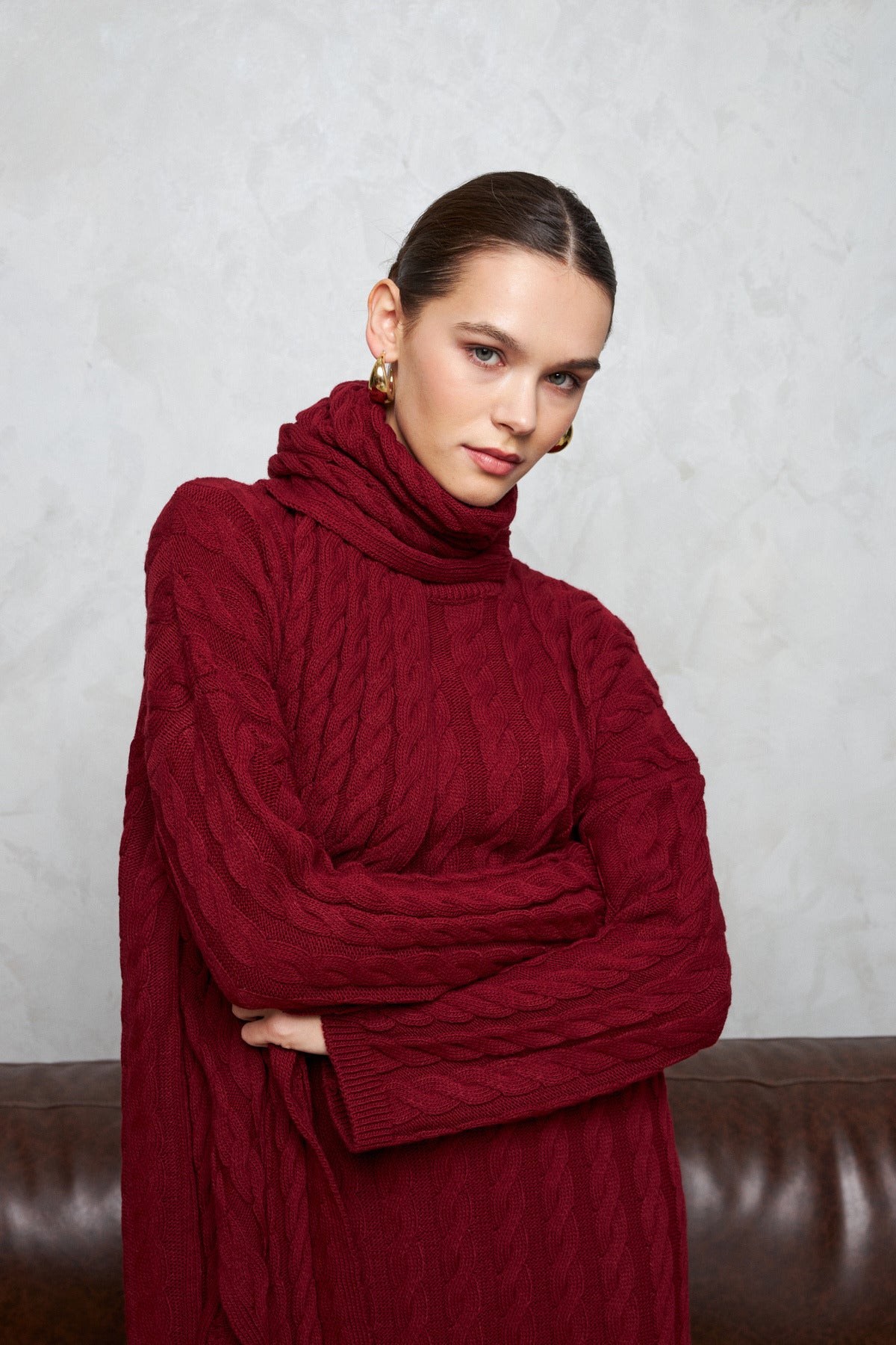 ATKI DETAYLI ÖRME TRİKO ELBİSE BORDO