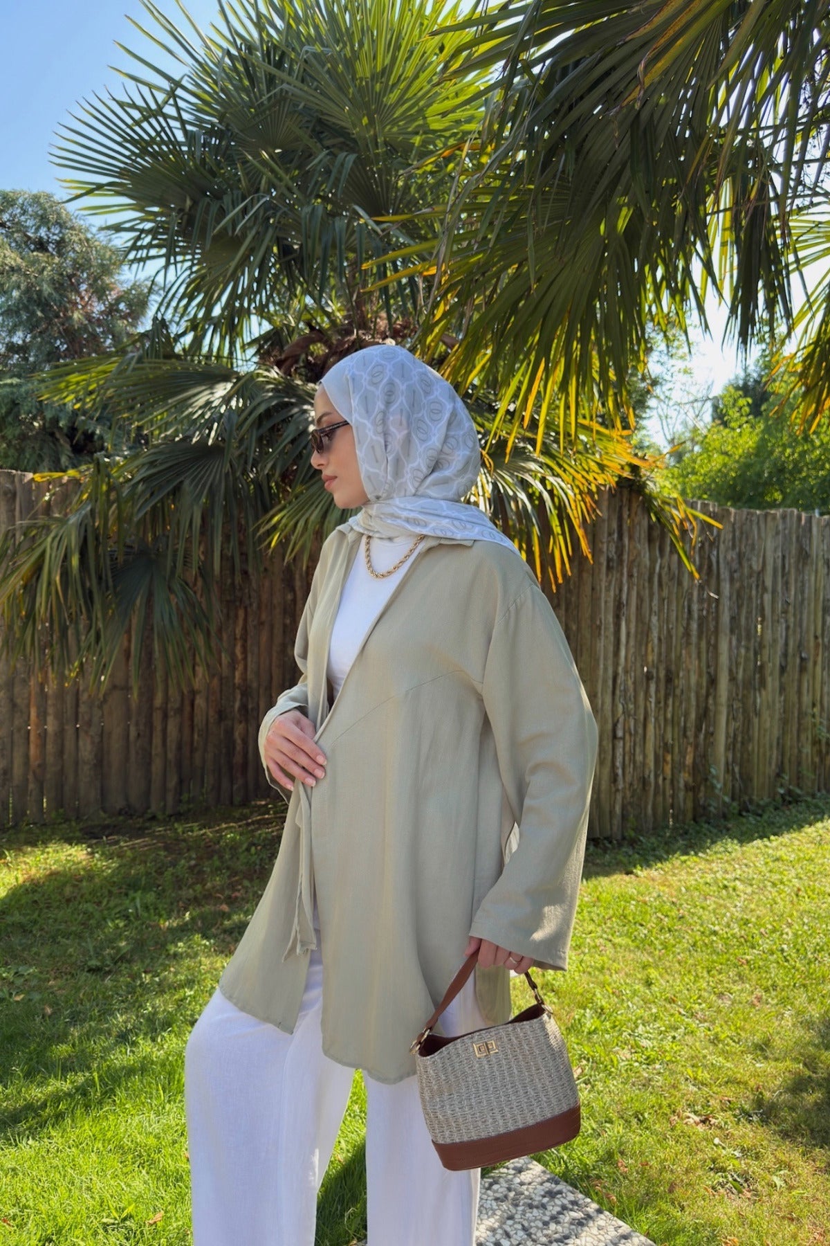 Kadın Küf Yeşili Bağlama Detaylı Flam Keten Kimono