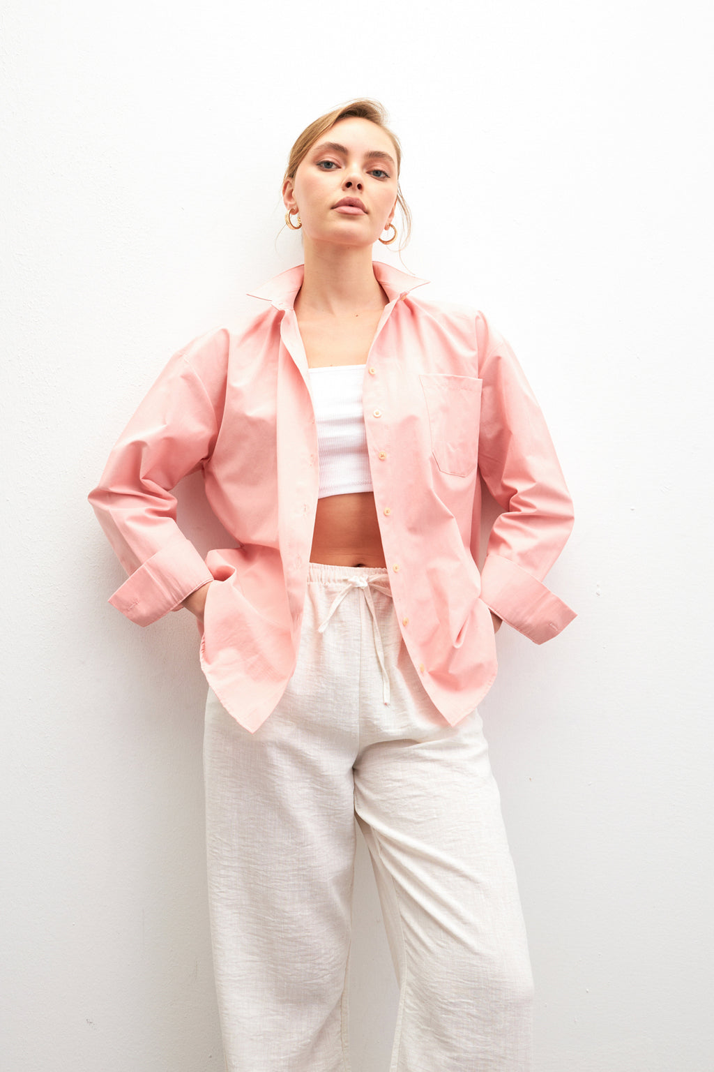 Kadın Pembe Oversize Basic Cep Detaylı Poplin Uzun Kol Gömlek