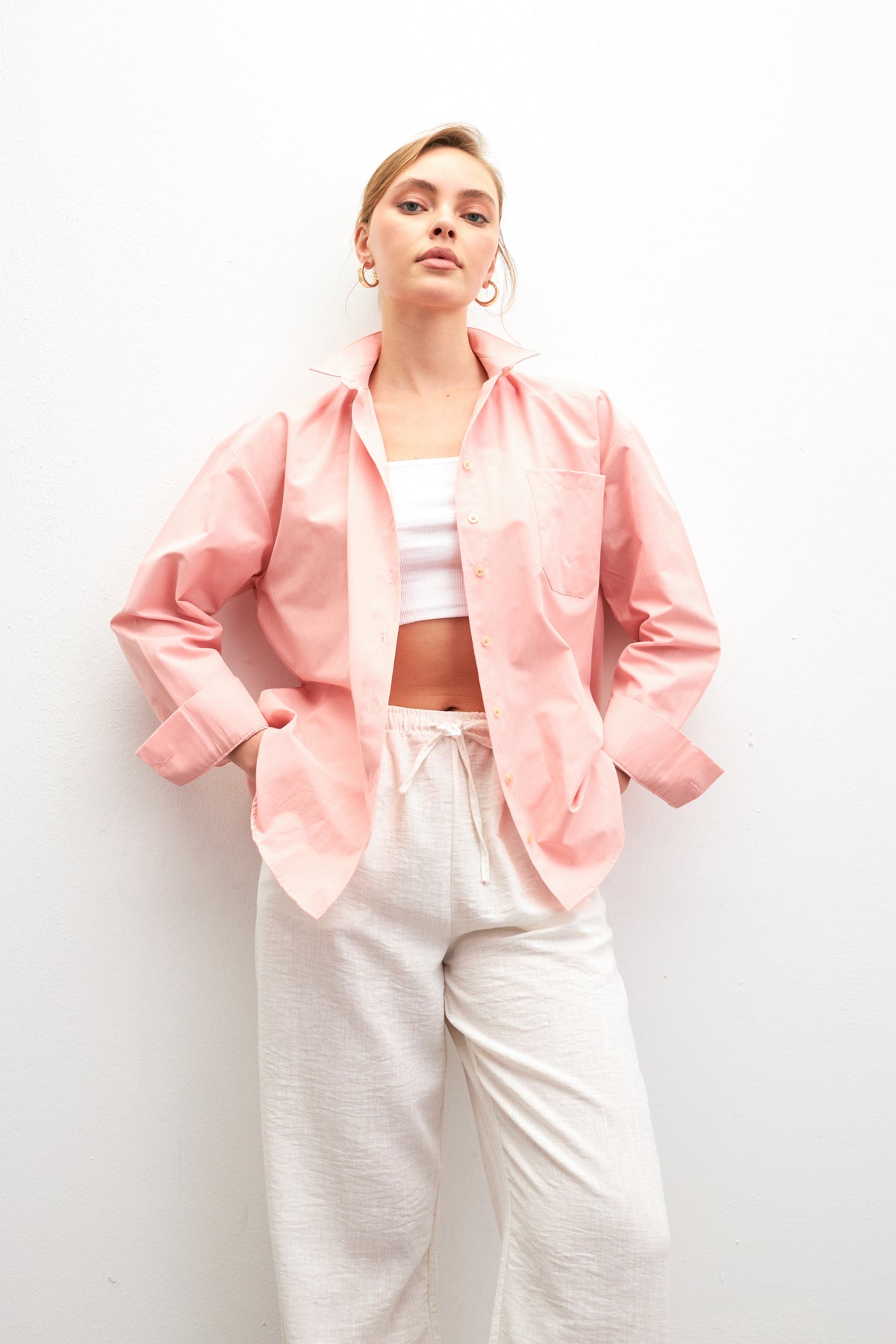 Kadın Pembe Oversize Basic Cep Detaylı Poplin Uzun Kol Gömlek