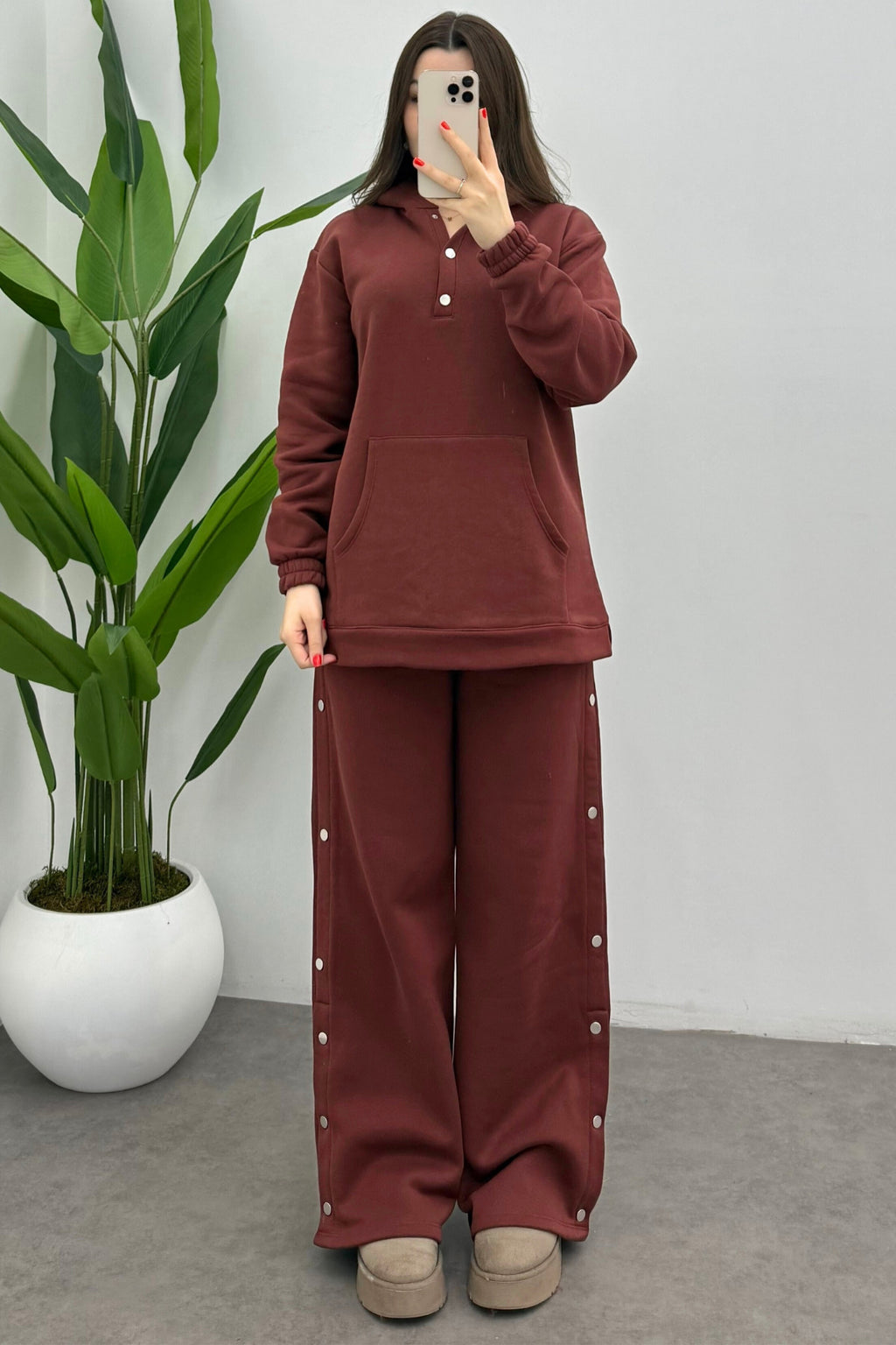 Kadın Kiremit Şardonlu Çıtçıt Detaylı Yumuşak Sweatshirt Takım