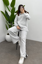 Kadın Açık Gri Şardonlu Çıtçıt Detaylı Yumuşak Sweatshirt Takım