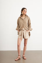 Kadın Kum Beji Oversize Basic Müslin Gömlek