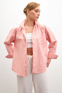 Kadın Pembe Oversize Basic Cep Detaylı Poplin Uzun Kol Gömlek