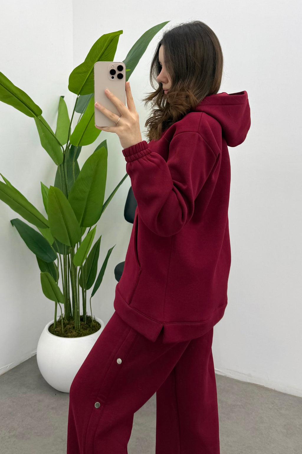Kadın Bordo Şardonlu Çıtçıt Detaylı Yumuşak Sweatshirt Takım