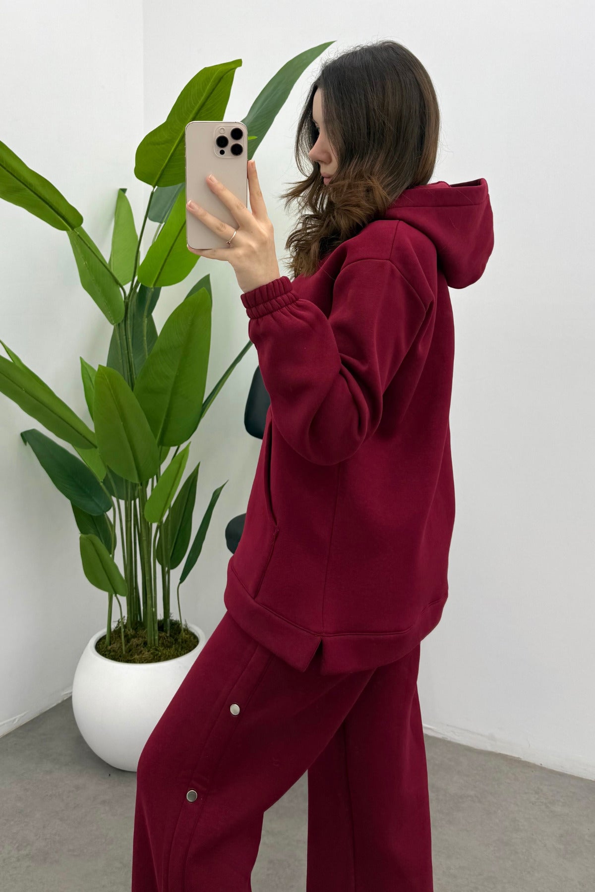 Kadın Bordo Şardonlu Çıtçıt Detaylı Yumuşak Sweatshirt Takım