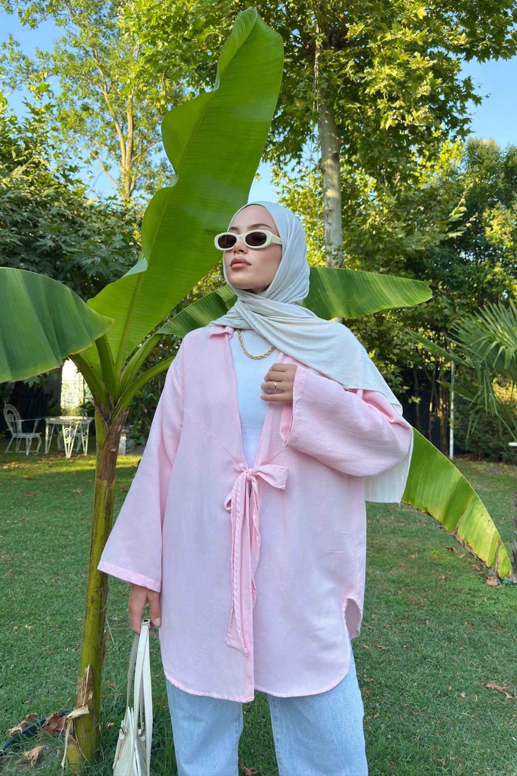 Kadın Pembe Bağlama Detaylı Flam Keten Kimono