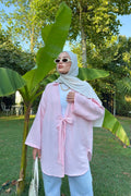 Kadın Pembe Bağlama Detaylı Flam Keten Kimono