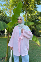 Kadın Pembe Bağlama Detaylı Flam Keten Kimono