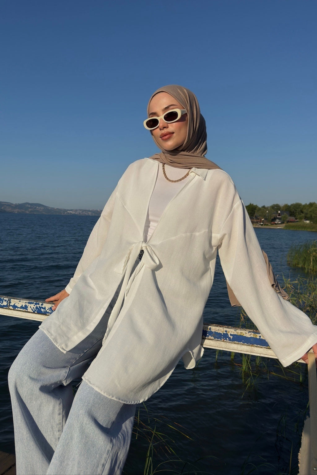 Kadın Beyaz Bağlama Detaylı Flam Keten Kimono